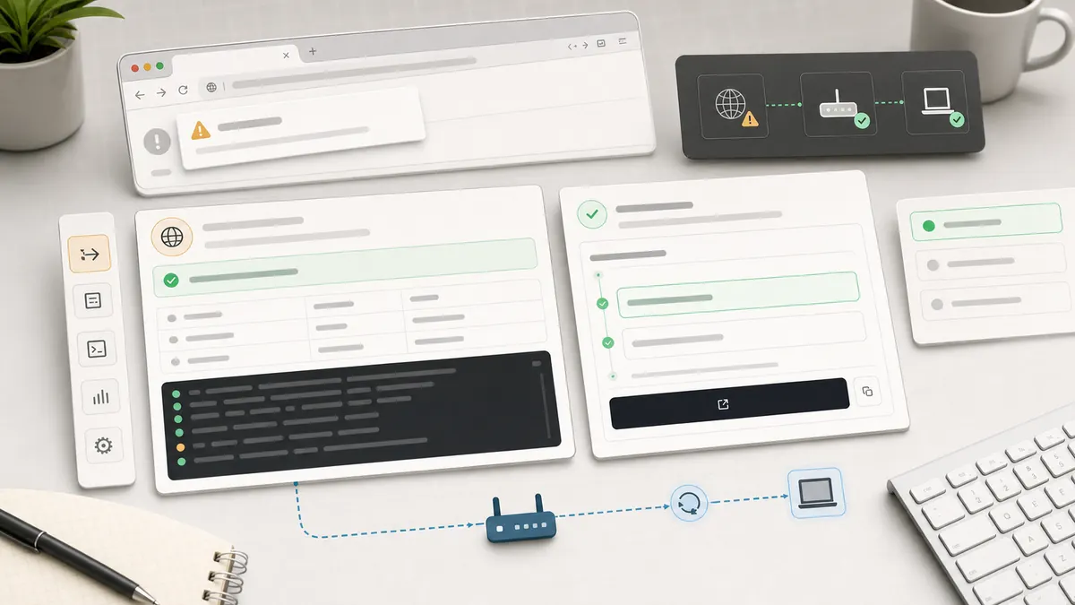 A polished localhost request inspection workbench with browser, terminal, and routing panels
