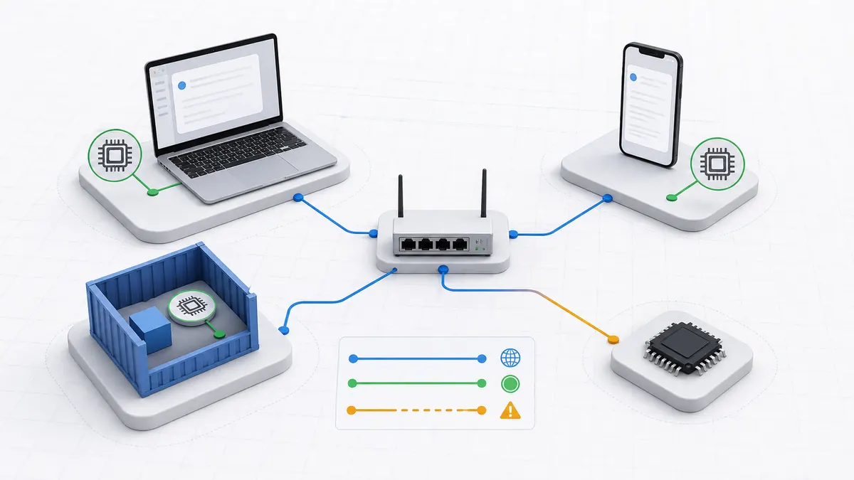 A network diagram showing laptop, phone, container, router, and loopback nodes