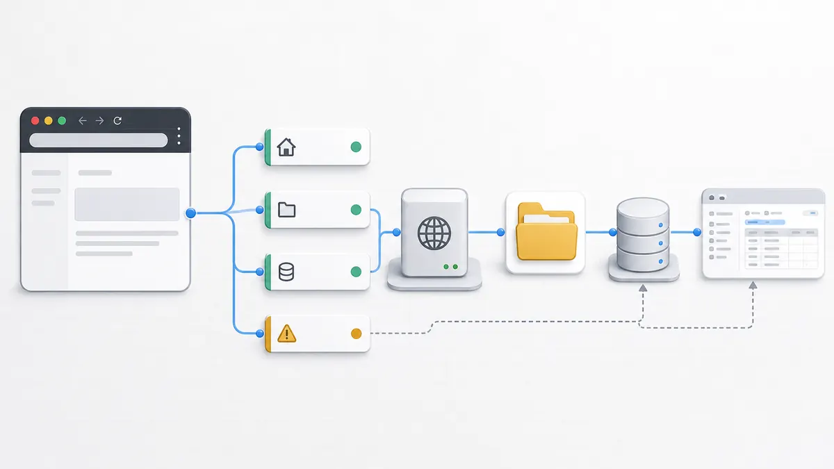 A clean visual route from a localhost browser request through local folders to a database admin panel