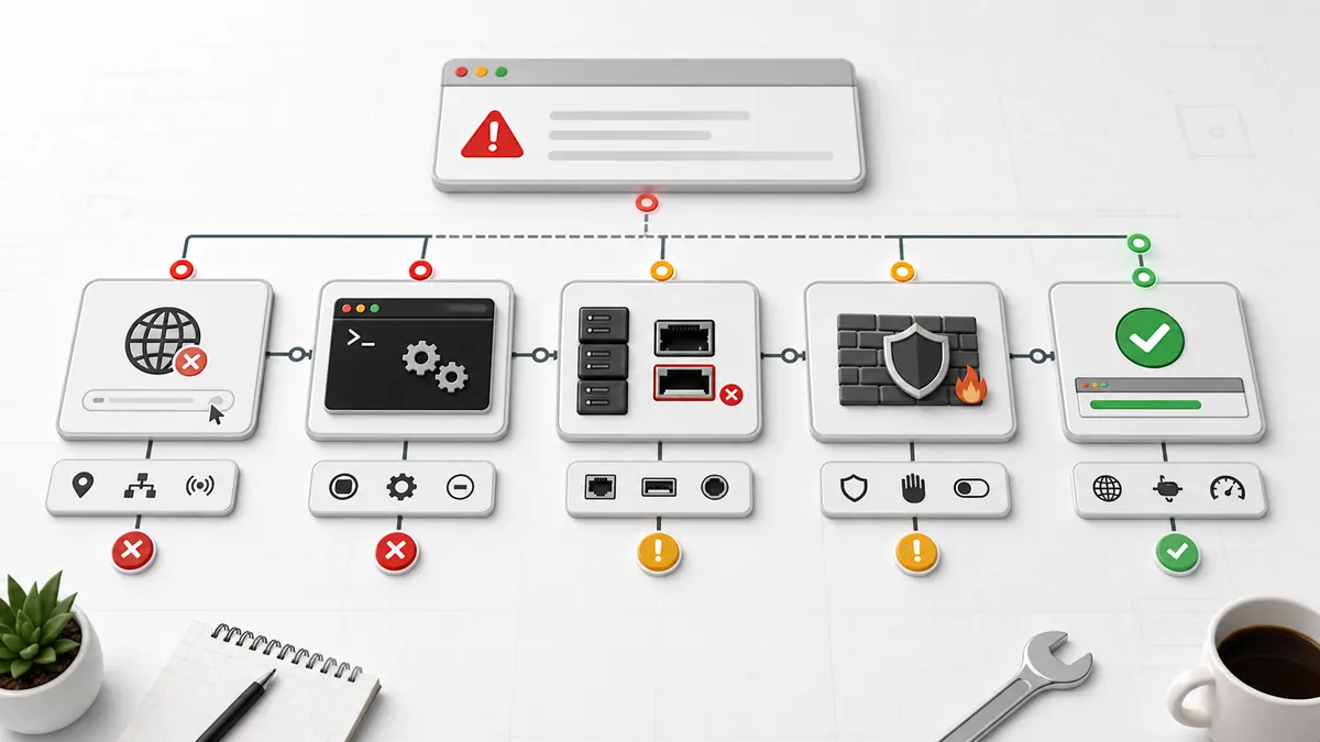 A troubleshooting flow separating refused connections, missing routes, and server errors